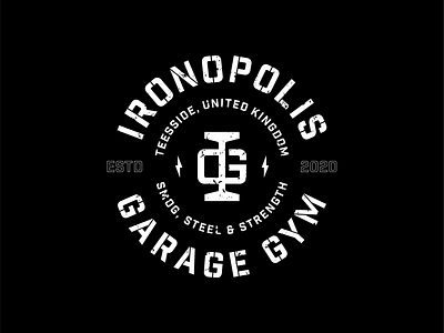 Ironopolis Home Gym Logo - Roundel V2 anvil bolt branding crossfit dumbbell fitness gym hammer icon illustration iron lightning logo mark monogram negative space personal brand shield steel type