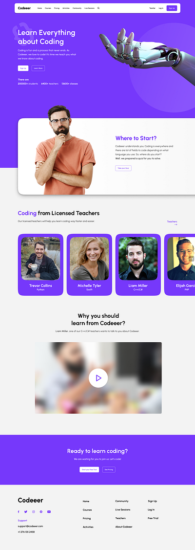 Codeeer Landing Page adobe photoshop branding codeeer design figma freepik graphic design header landing page learn coding main page mehmet can karadurmuş navigation bar purple robot teachers ui urbanist ux white