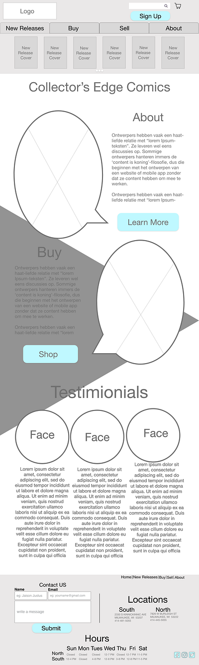 Wireframe for Collector's Edge Comics ui wireframe