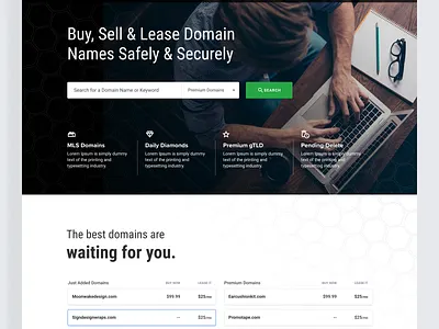 Domain Name Marketplace branding clean cta dark domains hero homepage landing layout marketplace page ui ux web