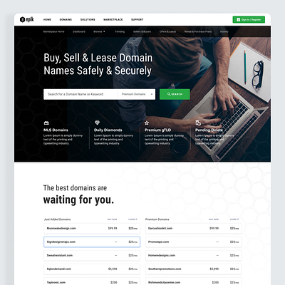 Domain Name Marketplace branding clean cta dark domains hero homepage landing layout marketplace page ui ux web