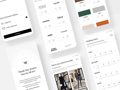 YX Private Client Onboarding - Preference Selection colors ecommerce illustration interface ios app luxury minimal mobile mobile app onboarding patterns payment shopping size selection sizes