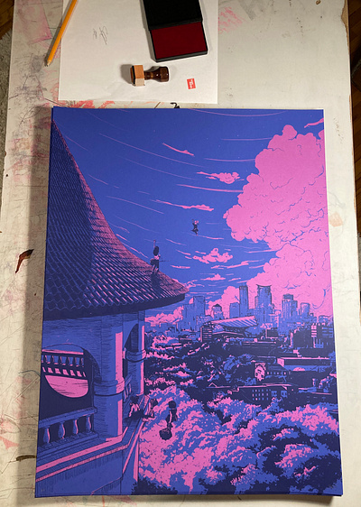 Witches meeting MPLS art broom city clouds flying halloween hill minneapolis minnesota parks poster print purple screen screenprint sky tower trees witch witches