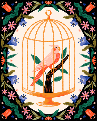 Peachtober day 24 - bird bird bird cage cage floral flowers illustration leaves parakeet