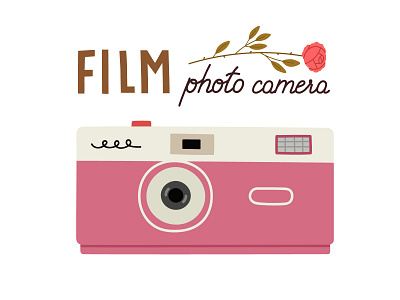 Card of film photo camera, rose, and hand lettering. analog film photocamera hobby illustration lens lettering photo plant studio vector vintage camera