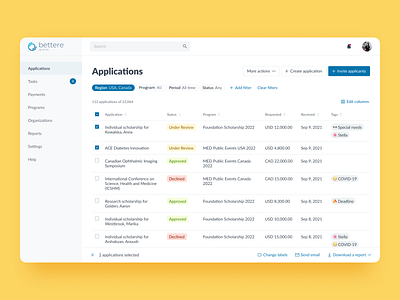List of applications | Grants Management System Web Design application b2b bulk actions filter product design scholarship table tags ui ux web application