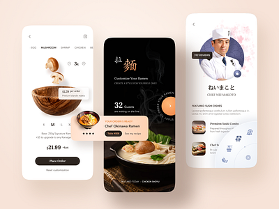 Order Customized Ramen App. app app design clean customized delivery design details ecommerce food food app japan japanese list mobile mobile design orage order profile shop ui