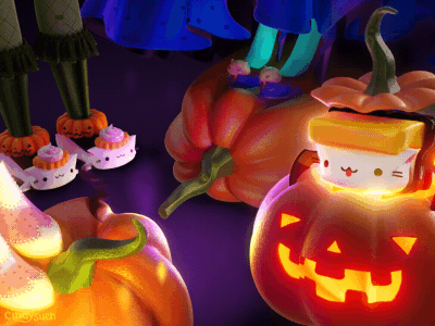 👠🎃👻Happy Halloween from Tamago Cat! 👻🎃👠 animated gif animation b3d bat blender cat gif halloween jack o lantern pumpkin shoe spooky sushi tamago cat