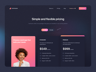 Pricing page - Dark Theme website clean ui dark theme dark ui dark website minimal ui plans and pricing pricing pricing page ui user interface ux ux design website design