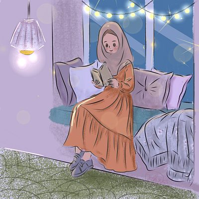 Muslim Girl Reading a Book bedtime book girl illustration lamp light muslim night reading sitting stories