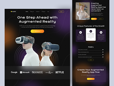 OneAR • Augmented Reality Services Website ar augmented reality branding dark dark ui design landing page landing page design ui ux virtual reality vr web web design website