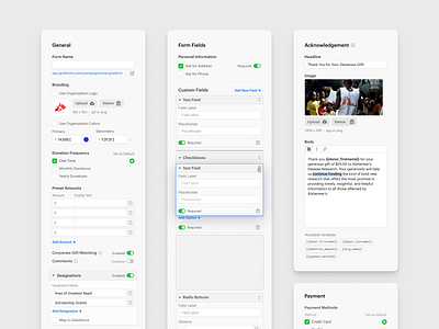 GiveForms V2 Sidebars amounts checkbox color design donations field form icons menu radio required sidebar toggle tooltip ui upload url ux validation web app