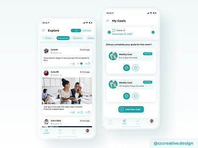 Goal Oriented Social Media App UI Design app app design branding design clean interface color pops design illustration interface design product design teal ui ui design uiux ux ux design