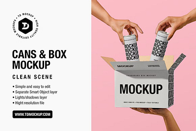 Cans and a Box - Mockup 2 cans beer cans cans and a box mockup cardboard box clean drink energy can female hands fully editable holding mockup juice mockup playful soda can mockup templates for instagram tin can mockup trendy