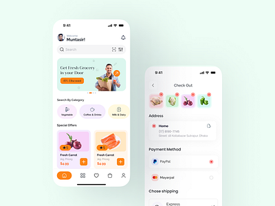 Grocery app product cart add cart animation app branding clean grocery app design clean ui design graphic design grocery app grocery app uiux design illustration logo minimal minimal design motion graphics product checkout page ui uiux design ux vector