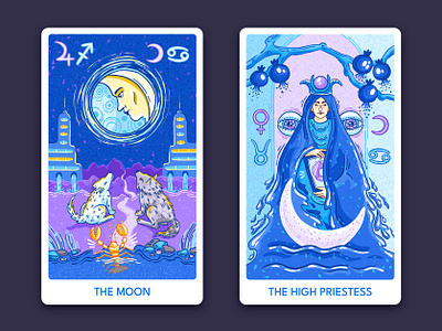 The Moon & The High Priestess - Utopia Tarot Deck 2d art astrology blue card cards character colorful deck digital art esoteric graphic design illustration illustrator major acrana moon procreate symbol tarot the moon