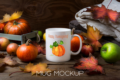 White coffee mug mockup with fall leaves, pumpkins cup design font illustration mock up mockup mug print typography vector