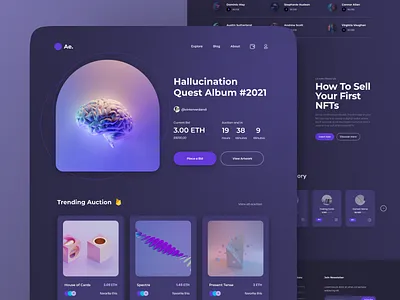 Ae - NFT Marketplace Website art black blockchain crypto cryptocurrency dark mode design figma graphic design header landing page minimal nft nft art nfts purple ui ui ux web design website