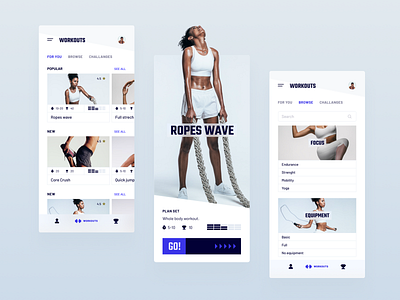 Fitness app - concept design activity challange concept design details page equipment fitness gym health list material design minimal mobile app navigation slider sport statistics timer training workout