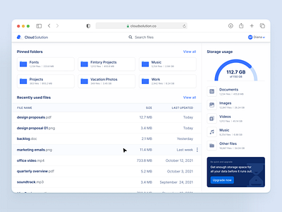 Cloud Storage Dashboard 📂 charts clean ui dashboard design desktop fintory folders interface lists overview ui ux
