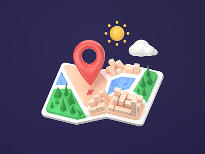 Pop-up Map 3d 3dart b3d blender building cute cycles google illustration logo lowpoly map minimal pin render simple tree ui