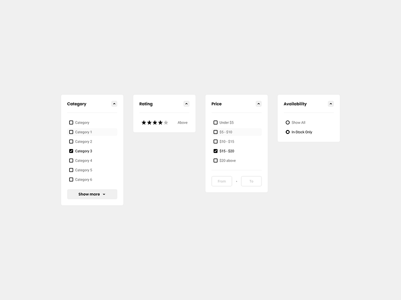 eCommerce - Vertical Filtres - Exploration auto layout category components ecommerce figma filtre flexbox interface layout price rating stock store ui user experience user interface