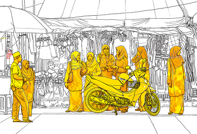 Islamic Women behind a motorbike documentaryillustration illustration series watercolor