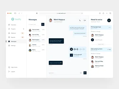 Testify - Issue & Bug Tracking Message clean ui dashboard dashboard ui messaging project management ui ui design uiux ux web apps