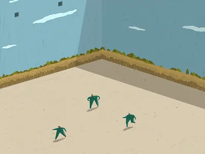 Squid Game blue sky childrens games dale crosby close dalesbits halloween illustration indoors isometric jumpsuits korean leeds netflix popular tv red light green light scary sheffield squid game tv illustration tv show