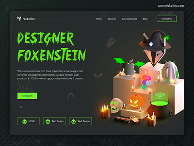 Halloween Web Page Concept Hero Section Design Agency 3d 3d illustration dark theme design agency webpage ghost halloween happy halloween illustration isometric landing page maya pumpkin render spooky ui ux ux agency web website