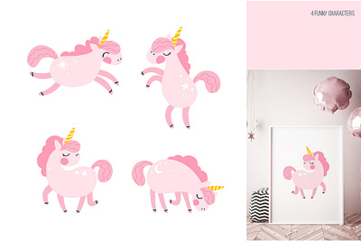 Pink unicorns for girly nursery animals cartoon design girl illustration minimal unicorn vector