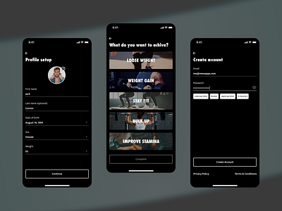 Fitness App. Set up account achievement app create account dark fitness form profile set up account sport