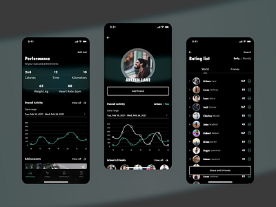 Fitness App app dark design fitness green ios mobile my profile rating list sport