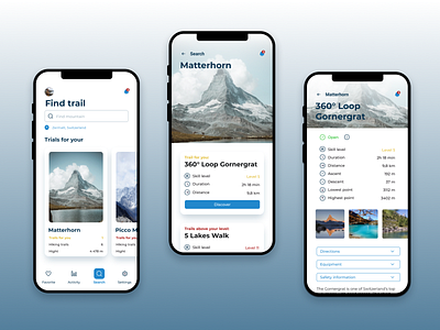 HikeMe blue design hike inspiration mobile mobile app mobile design mountain neumorphic neumorphism sport ui ui design ux white