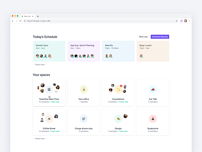 Teamflow Chrome Extension - New Tab avatar card chrome new tab clean ui dashboard desktop interface meetings product design schedule teamflow ui ux virtual meeting virtual office voice chat web app