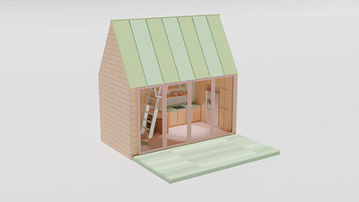 Tiny house 3d atic blender cabin design house illustration isometric kitchen ladscape low poly render room town