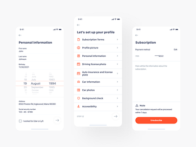 Taxi app. Set up profile clean design form ios mobile orange set up profile subscription taxi
