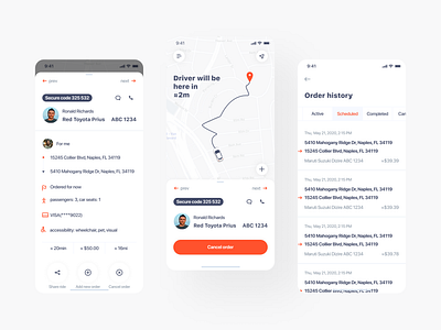 Taxi app app clean design driver ios mobile orange passenger route route details secure code taxi