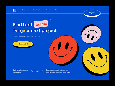 ~ freelance hiring website ~ abstract blue concept dribbbble hiring website home page landing landing page minimalism platform smile talents website ui uiux ux web web design webdesign website design yellow