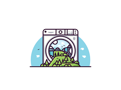 Washer & Nature 2d art creative design flat graphic design idea illustration landscape material minimal mountains nature outline procreate rebound trees vector washer waterfall