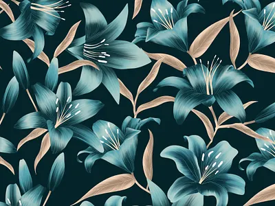 Lily Floral Pattern Illustration blue colourful floral flower flowers gold illo illustration japanese leaves lillies lily luxurious luxury navy pattern plant plants surface wallpaper