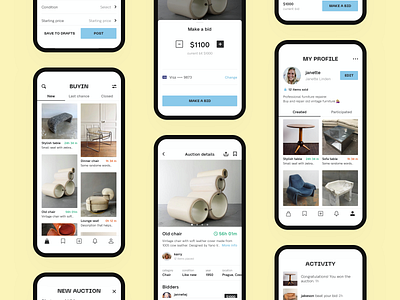 Buyin App app auction bid bidding bold brutal brutalism buy clean design design fashion furnishings furniture hotel minimalism modern sale ui ux vintage