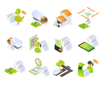 Delivery order icon business cargo delivery distribution express fast delivery icon illustration isometric logistic map pack package service set shipping transport transportation truck warehouse