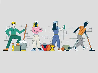 Vacasa Illustration Set artwork automotive building car character cleaning clothes company editorial female graphic human illustration landscape logo person tools uniform vehicle