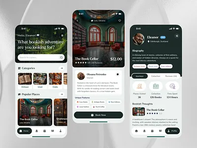 📖 Bibliomancer – UX/UI Design of a Book Discovery App app book books clean dashboard elegant fabulous green library light mobile design mysterious profile reading search ui design user profine ux design warm