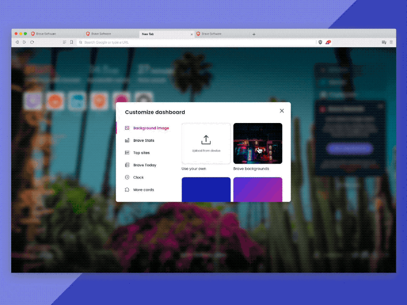 Brave Browser Customize New Tab Page background browser customize feature figma interaction design modal new tab page product design prototype rapid prototyping ui design ux design