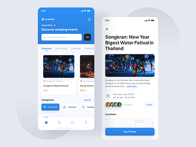 Eventizer - Event Finder App activity card concept concert design details education event featured illustration live meetup mobile music online pay ticket ui uiux ux