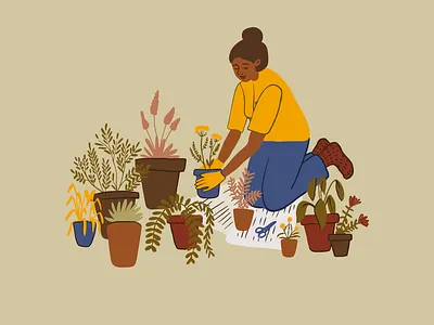 Woman take care of her plants african american black cute design flowers gardening girl illustration plants preparation print procreate spring vector woman