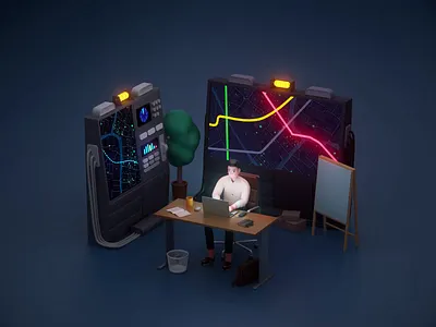 Alarm in control room 3d alarm animation c4d cartoon clean color dashboard design graphic helicopter illustration light minimalistic motion graphics office plane room simplicity ui