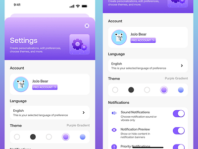 Settings page - Mobile App account page app app design app preferences digital digital settings friendly ui language preferences mobile app design notification sound notifications preview purple settings simple design tech themes ui user interface uxui white theme